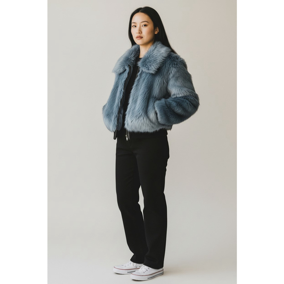 Express x Negin Mirsalehi Blue Faux Fur Bomber Jacket XS EUC Cropped Y2K - Picture 3 of 8